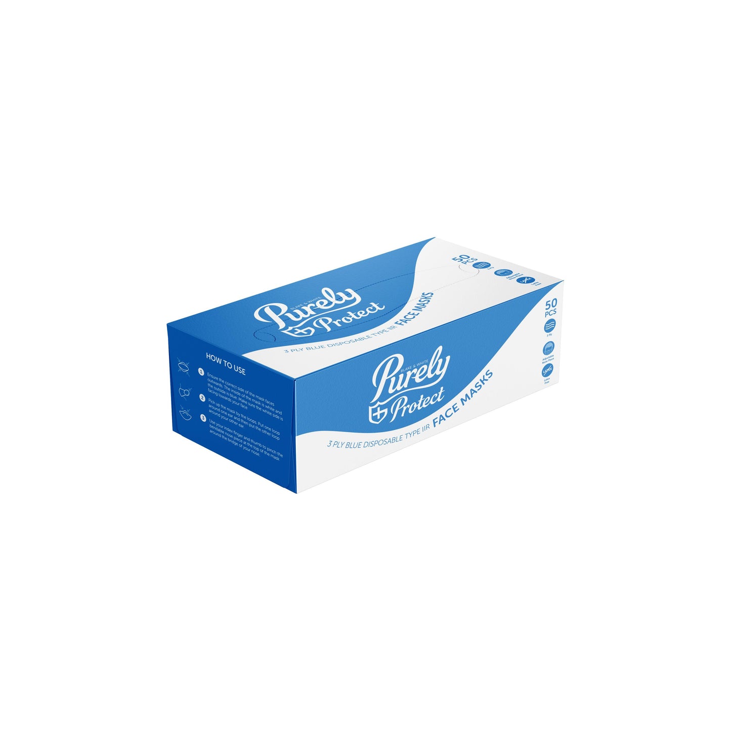 Purely Protect: 50 Pack 3-Layer Type IIR Face Masks (Blue)