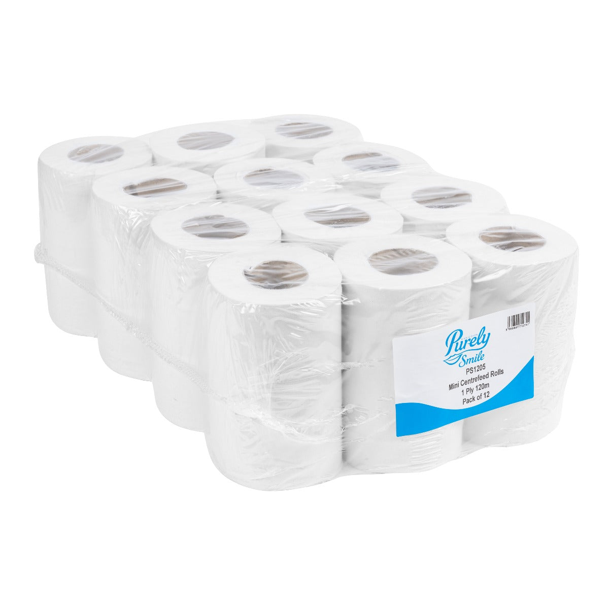 Purely Smile Mini Centrefeed Rolls (1-Ply, 120m White, 12 Pack)