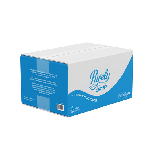 Purely Smile Hand Towels V Fold 1ply Blue Case of 3600