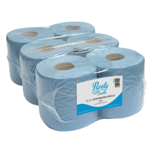 Purely Smile Centrefeed Rolls 1ply 300m Blue Pack of 6
